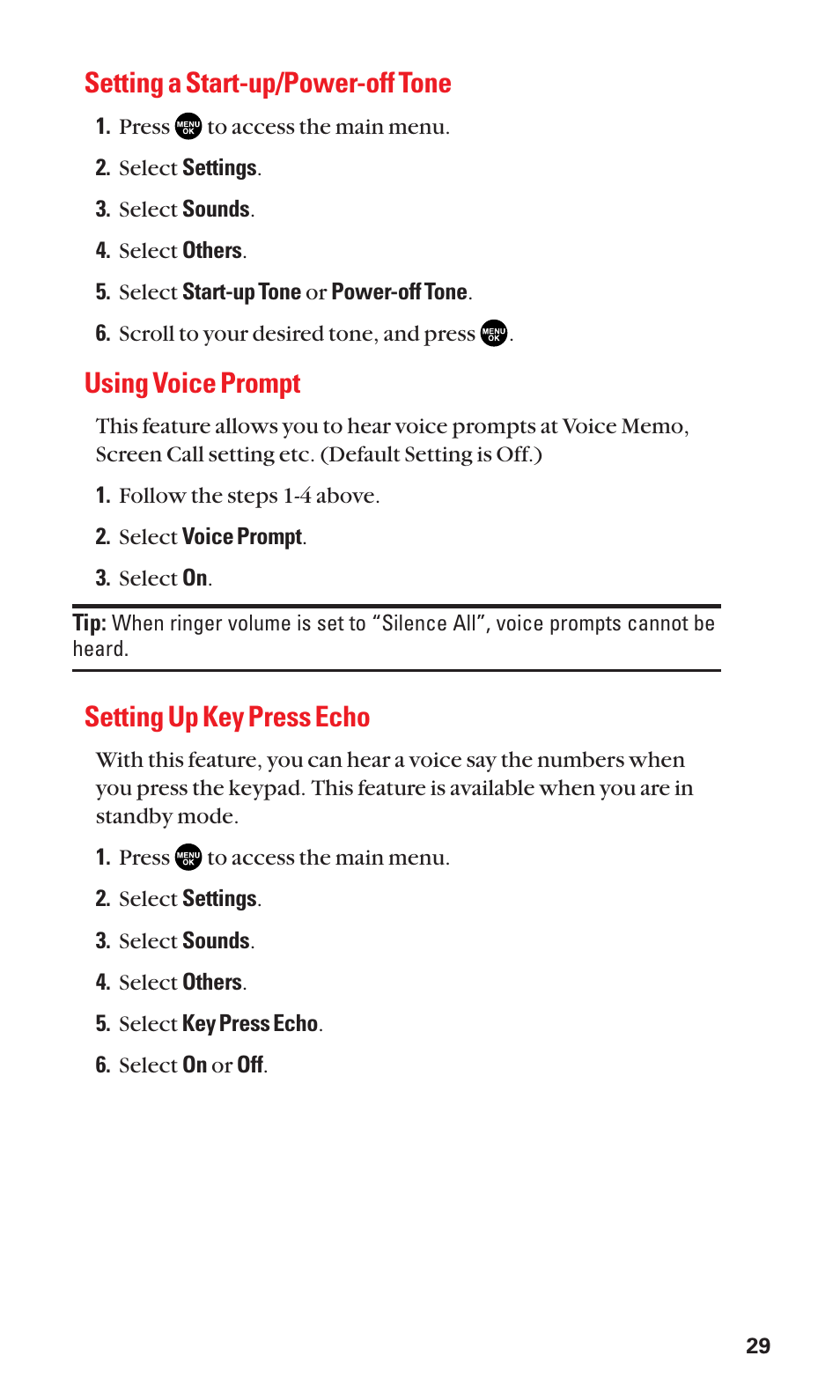 Setting a start-up/power-off tone, Using voice prompt, Setting up key press echo | Sanyo SCP-3100 User Manual | Page 37 / 157
