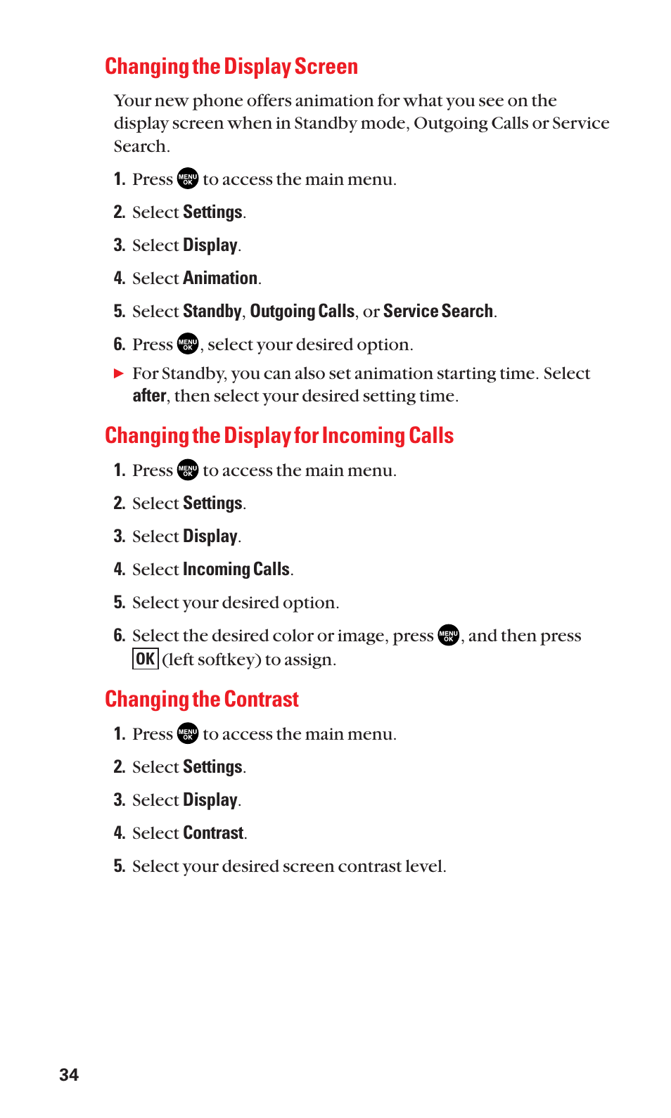 Changing the display screen, Changing the display for incoming calls, Changing the contrast | Sanyo SCP-3100 User Manual | Page 42 / 157