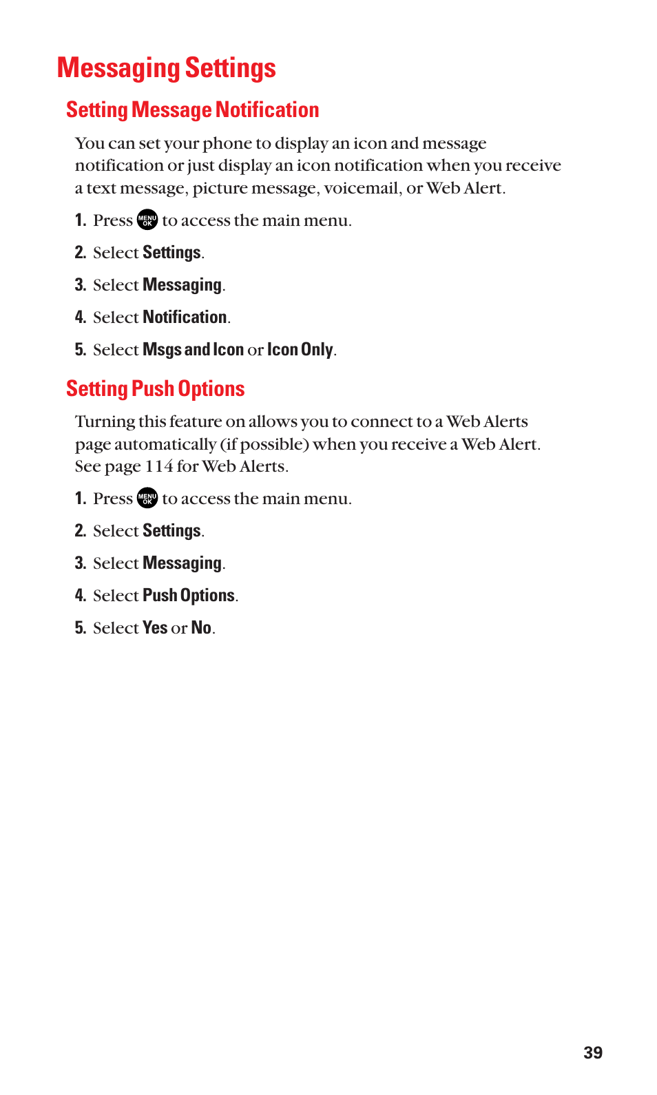 Messaging settings, Setting message notification, Setting push options | Sanyo SCP-3100 User Manual | Page 47 / 157