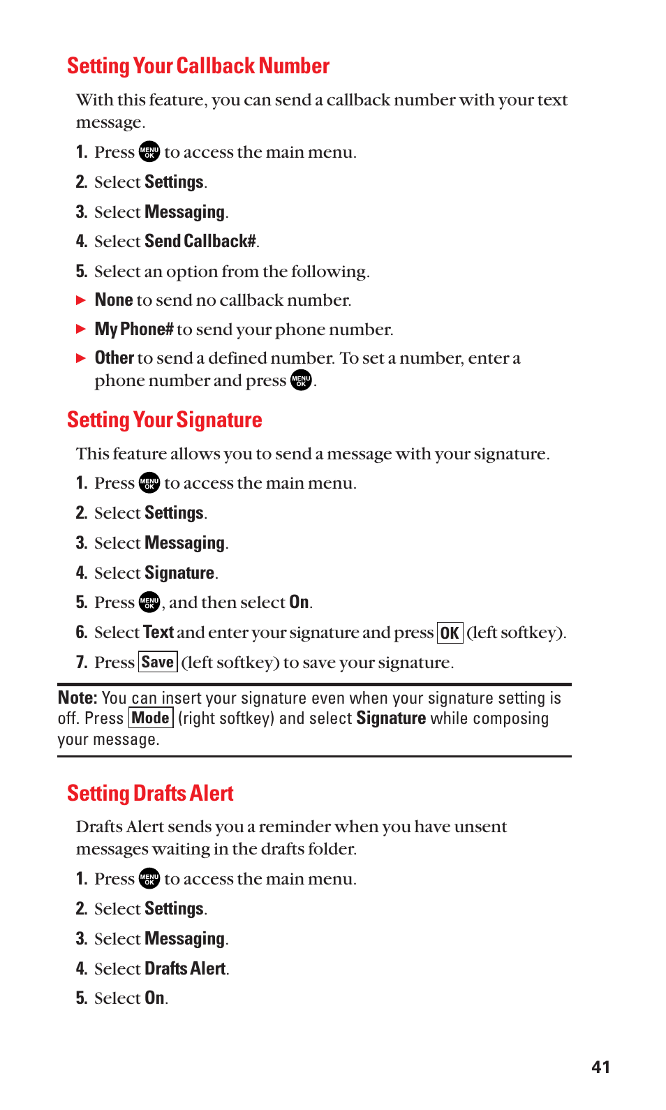 Setting your callback number, Setting your signature, Setting drafts alert | Sanyo SCP-3100 User Manual | Page 49 / 157