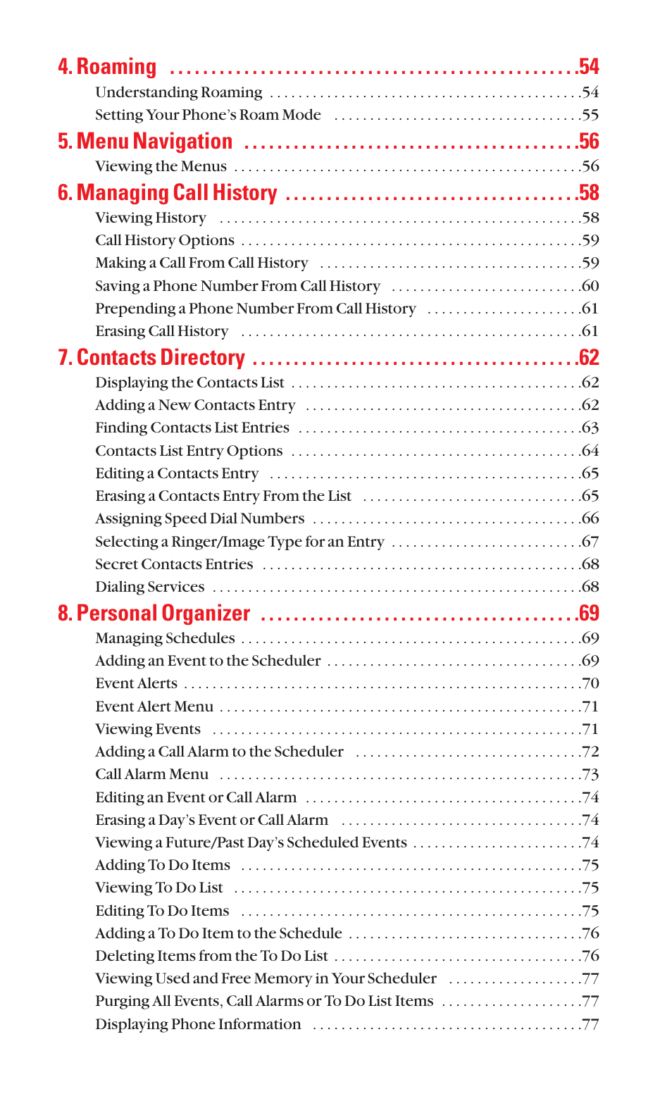 Roaming, Menu navigation, Managing call history | Contacts directory, Personal organizer | Sanyo SCP-3100 User Manual | Page 5 / 157