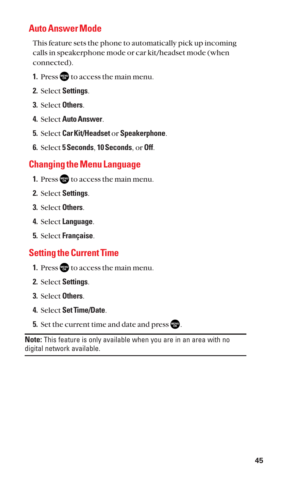 Auto answer mode, Changing the menu language, Setting the current time | Sanyo SCP-3100 User Manual | Page 53 / 157