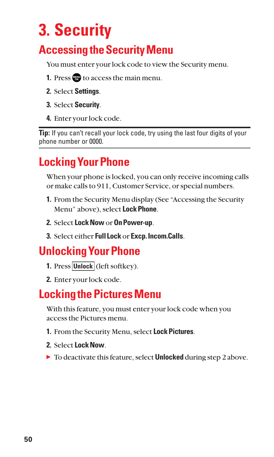 Security, Accessing the security menu, Locking your phone | Unlocking your phone, Locking the pictures menu | Sanyo SCP-3100 User Manual | Page 58 / 157