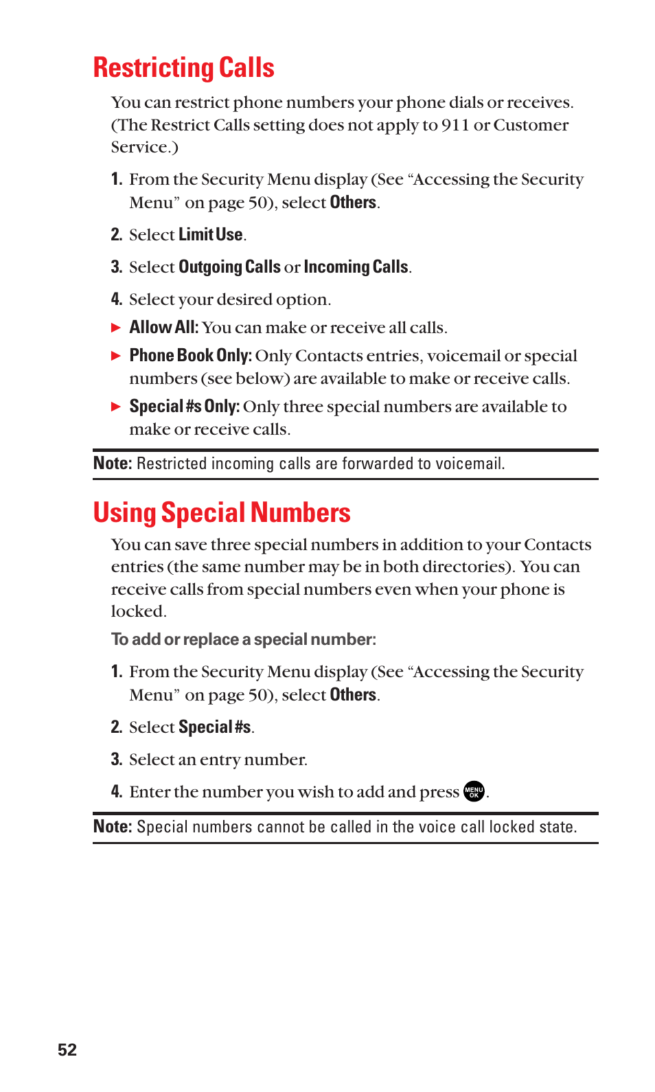 Restricting calls, Using special numbers | Sanyo SCP-3100 User Manual | Page 60 / 157