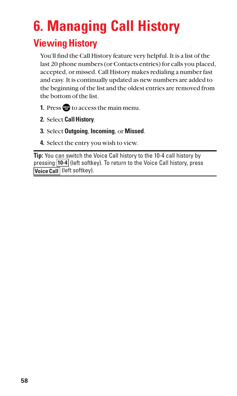 Managing call history, Viewing history | Sanyo SCP-3100 User Manual | Page 66 / 157