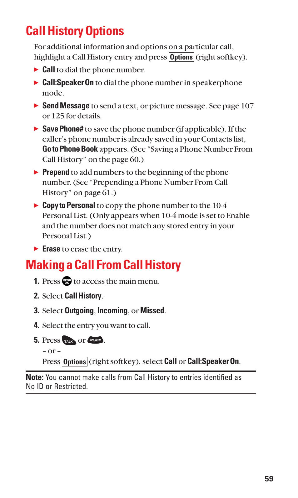 Call history options, Making a call from call history | Sanyo SCP-3100 User Manual | Page 67 / 157