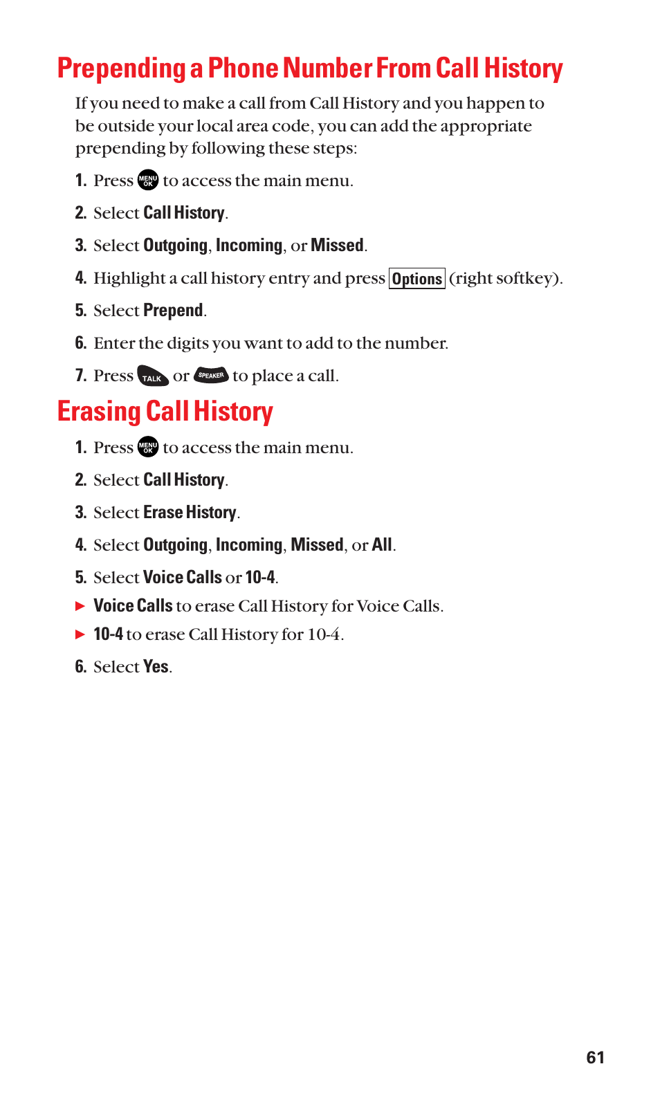 Prepending a phone number from call history, Erasing call history | Sanyo SCP-3100 User Manual | Page 69 / 157