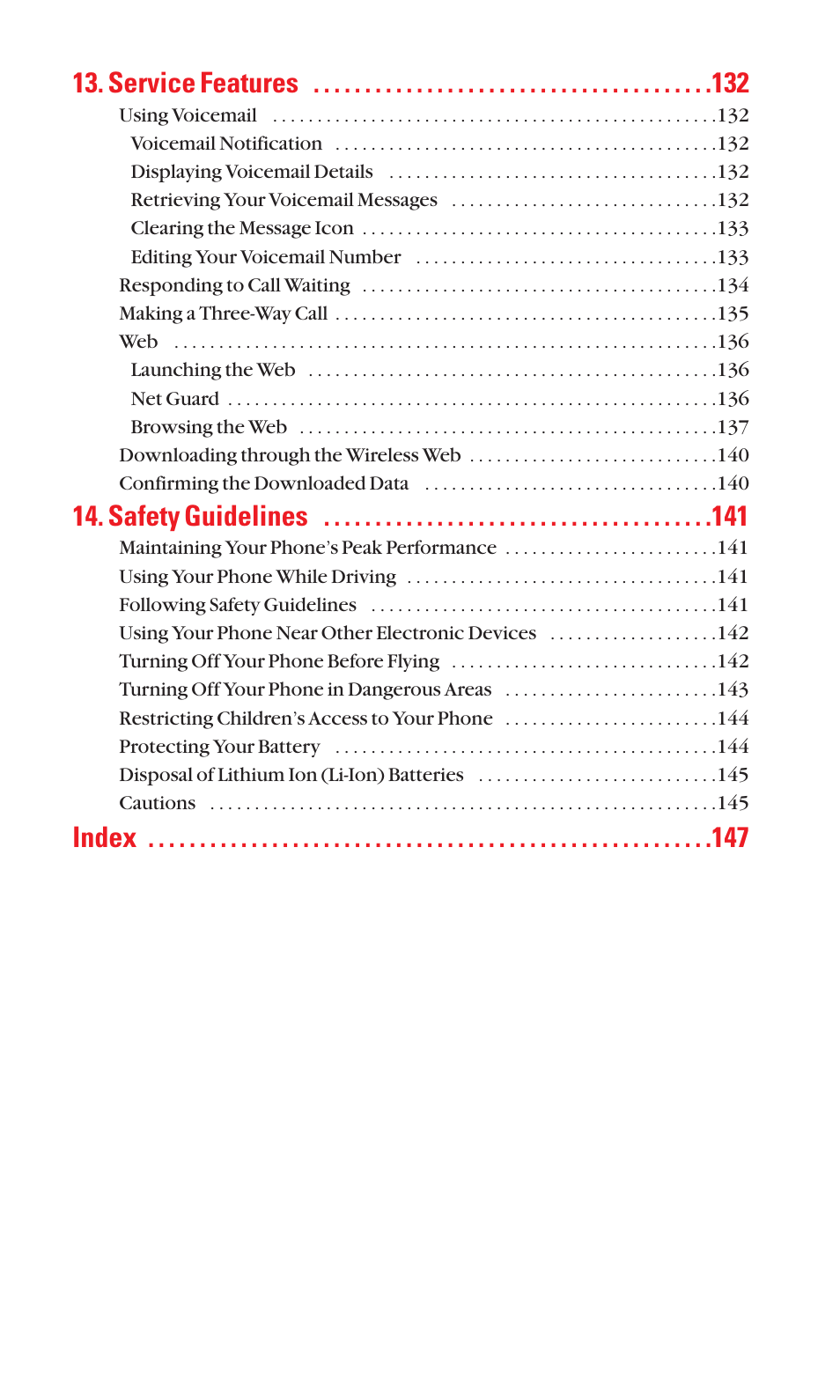 Service features, Safety guidelines, Index | Sanyo SCP-3100 User Manual | Page 8 / 157