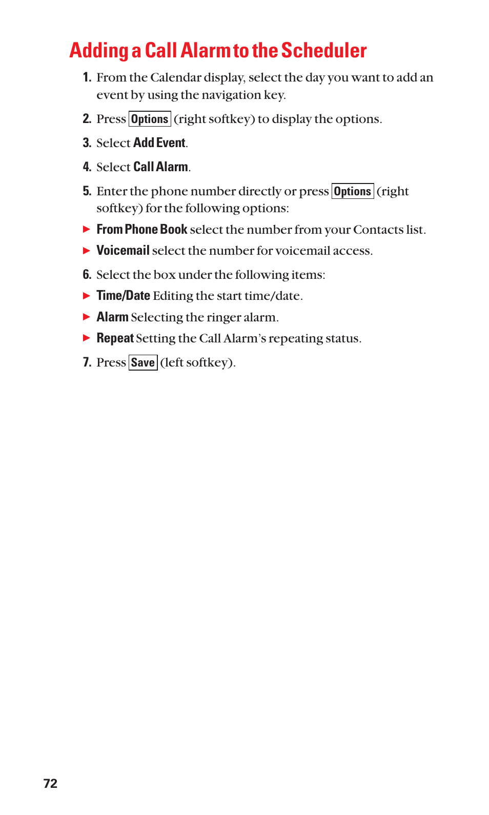 Adding a call alarm to the scheduler | Sanyo SCP-3100 User Manual | Page 80 / 157