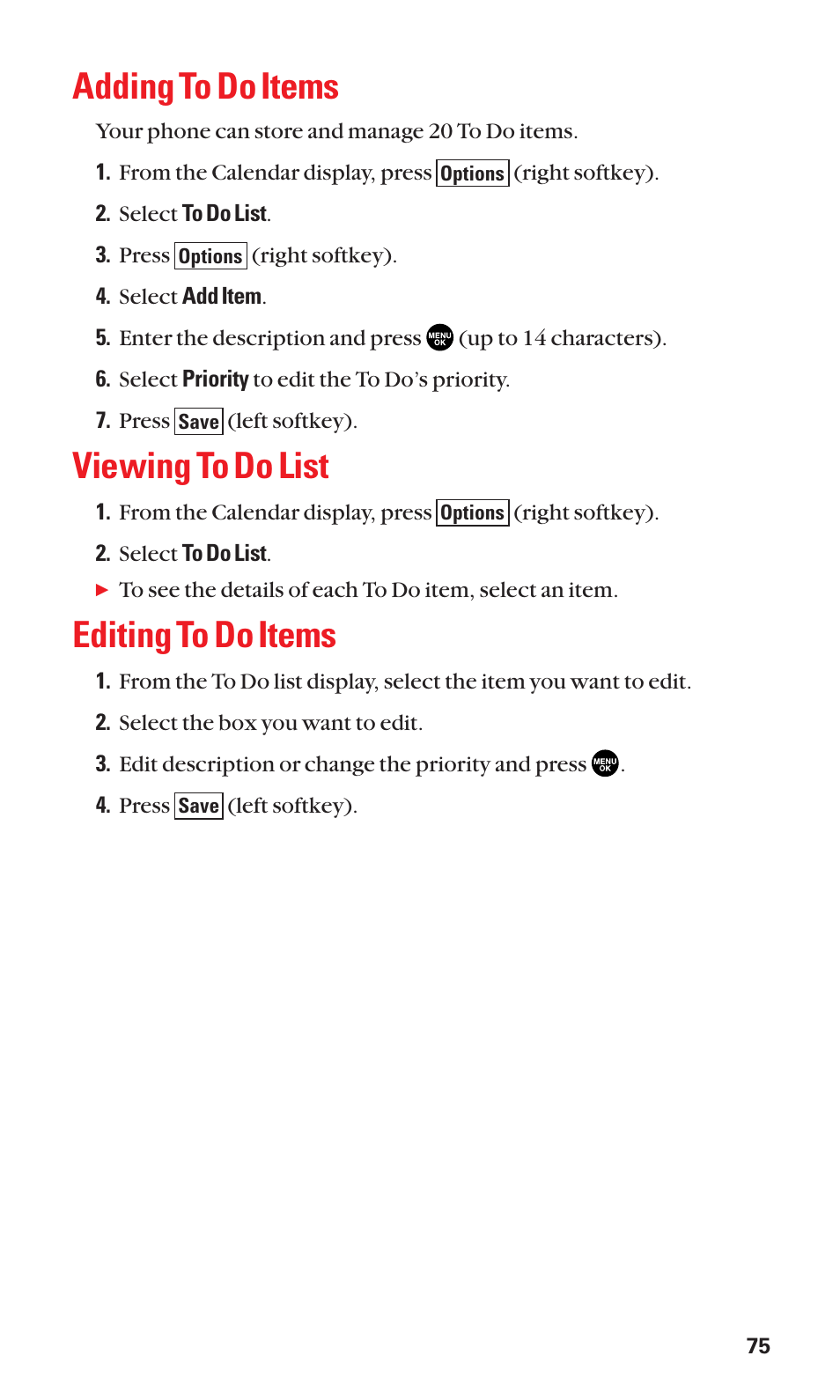Adding to do items, Viewing to do list, Editing to do items | Sanyo SCP-3100 User Manual | Page 83 / 157