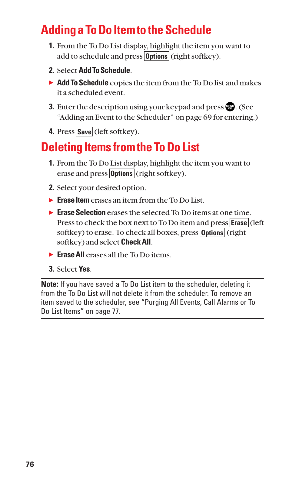 Adding a to do item to the schedule, Deleting items from the to do list | Sanyo SCP-3100 User Manual | Page 84 / 157