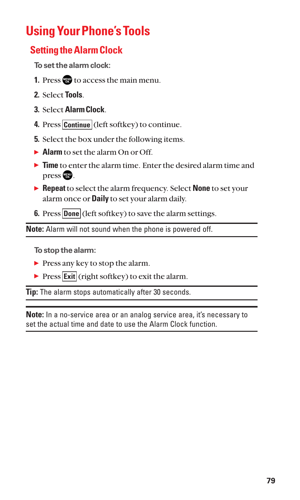 Using your phone’s tools, Setting the alarm clock | Sanyo SCP-3100 User Manual | Page 87 / 157