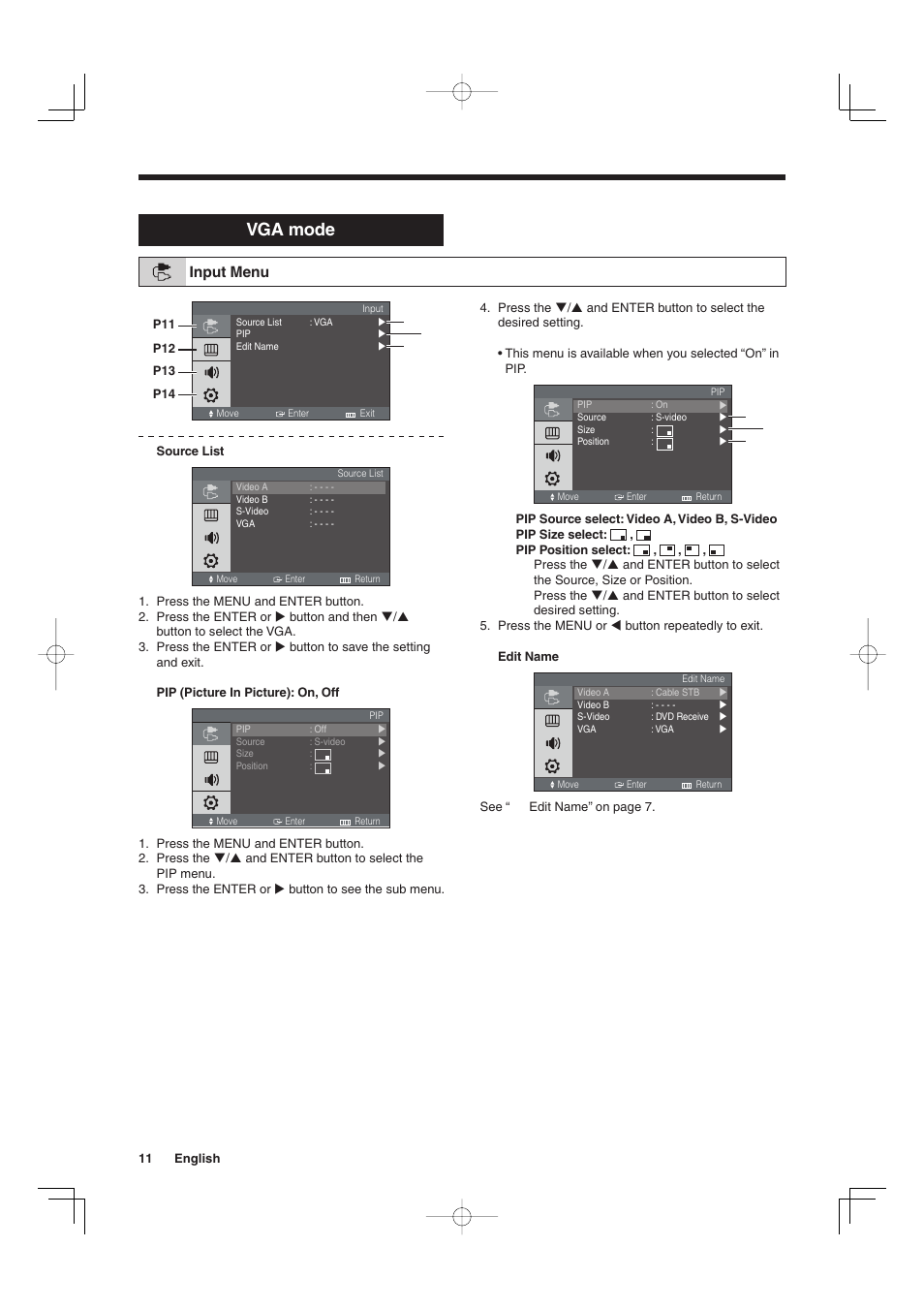 Vga mode, Input menu | Sanyo VMC-L2019 User Manual | Page 12 / 112