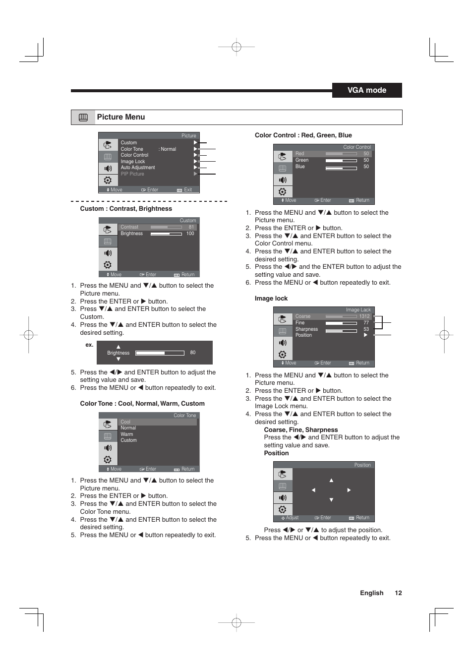Picture menu, Vga mode | Sanyo VMC-L2019 User Manual | Page 13 / 112