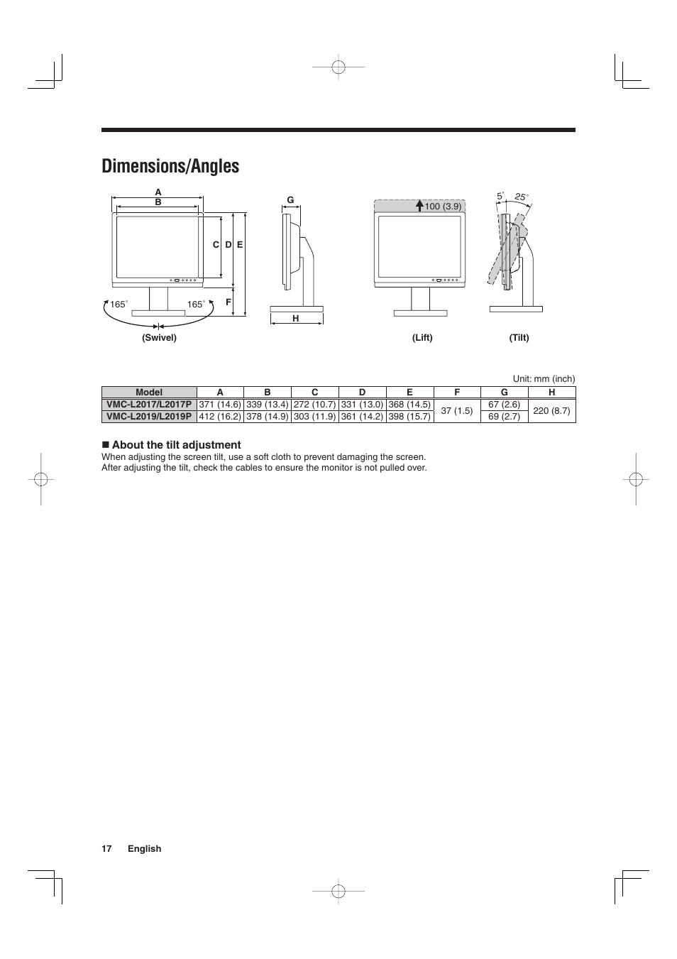 Dimensions/angles | Sanyo VMC-L2019 User Manual | Page 18 / 112