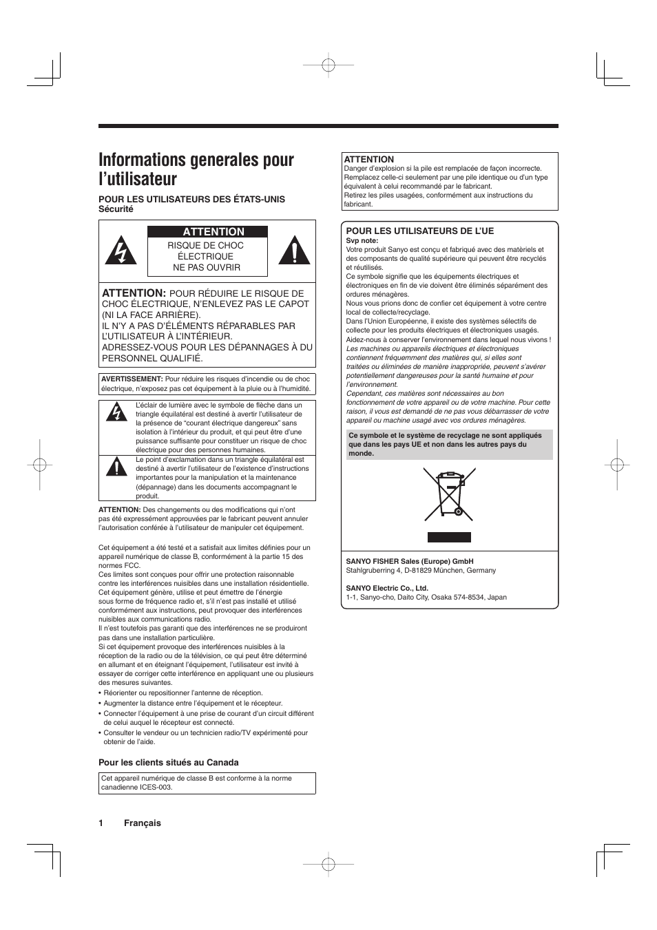 Informations generales pour l’utilisateur | Sanyo VMC-L2019 User Manual | Page 20 / 112