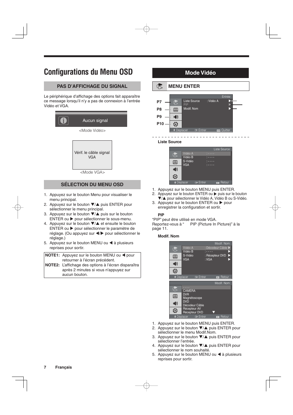 Configurations du menu osd, Mode vidéo | Sanyo VMC-L2019 User Manual | Page 26 / 112