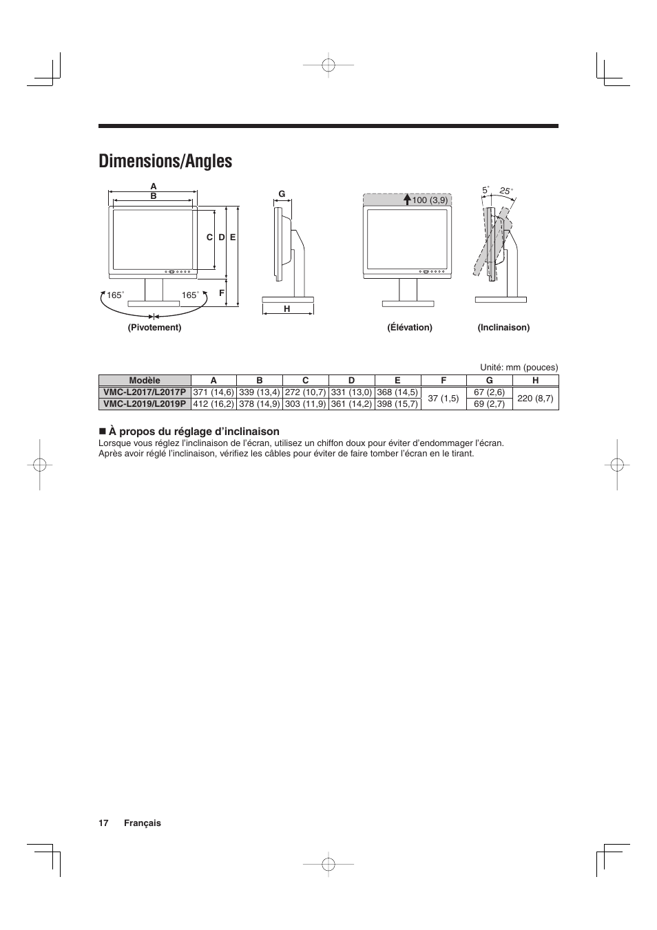 Dimensions/angles | Sanyo VMC-L2019 User Manual | Page 36 / 112