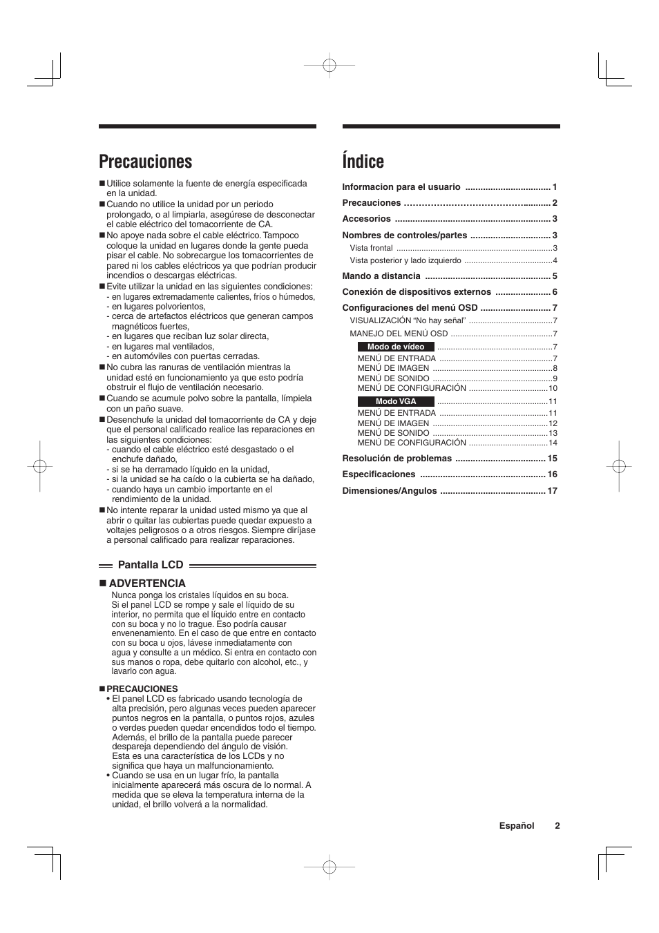 Precauciones, Índice | Sanyo VMC-L2019 User Manual | Page 39 / 112