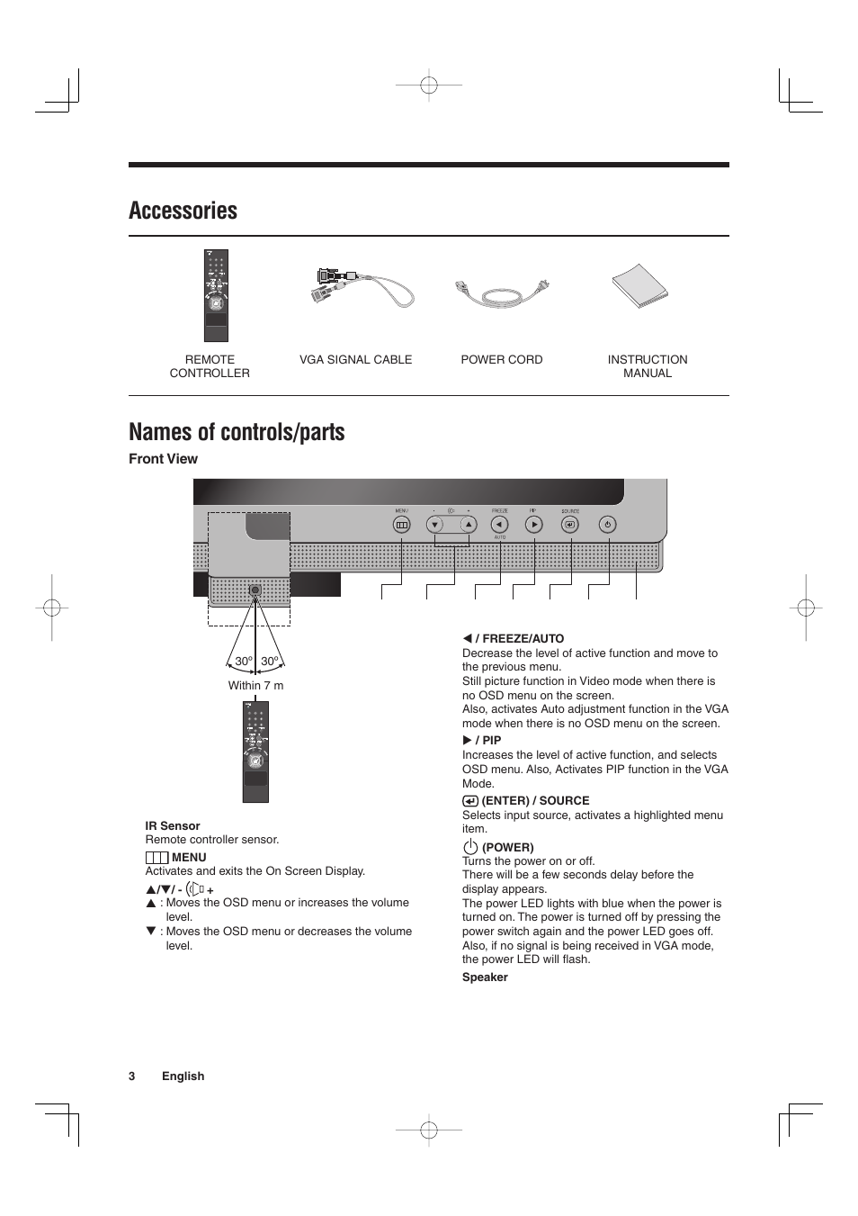 Accessories, Names of controls/parts | Sanyo VMC-L2019 User Manual | Page 4 / 112