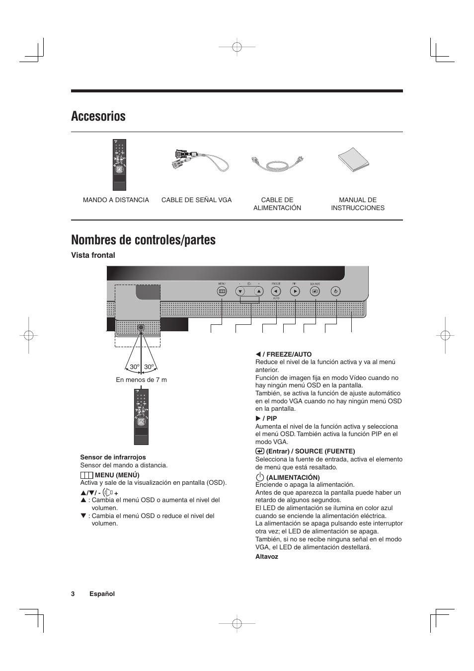 Accesorios, Nombres de controles/partes | Sanyo VMC-L2019 User Manual | Page 40 / 112