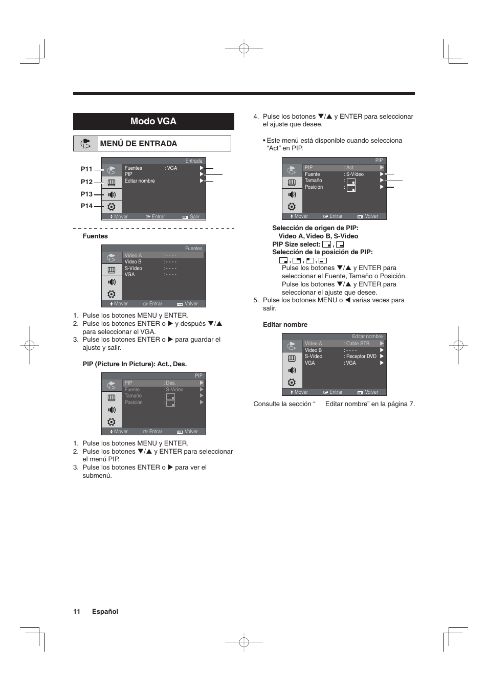 Modo vga, Menú de entrada | Sanyo VMC-L2019 User Manual | Page 48 / 112