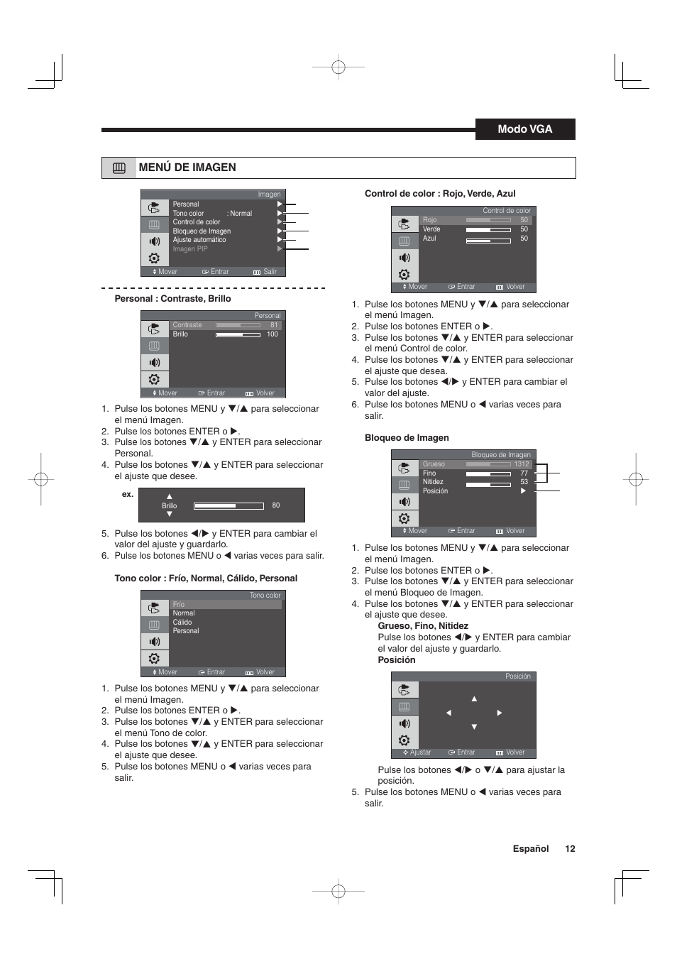 Menú de imagen, Modo vga | Sanyo VMC-L2019 User Manual | Page 49 / 112