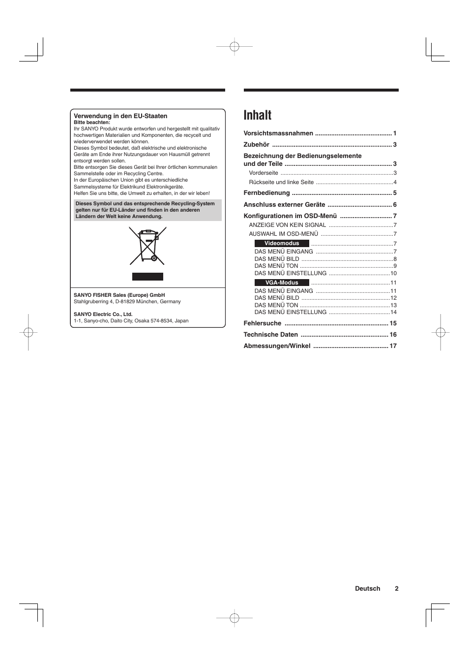 Inhalt | Sanyo VMC-L2019 User Manual | Page 57 / 112