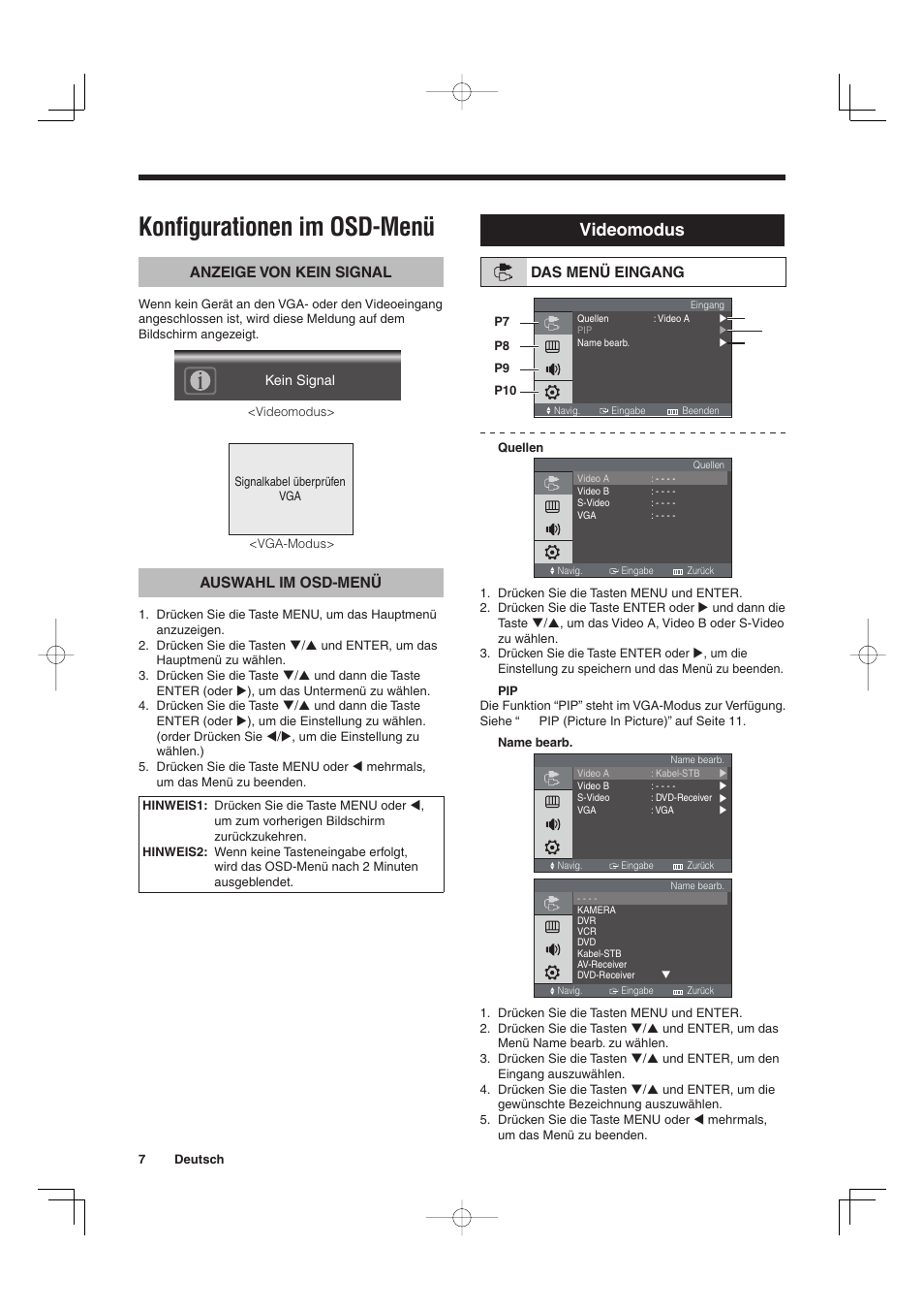 Konfigurationen im osd-menü, Videomodus | Sanyo VMC-L2019 User Manual | Page 62 / 112