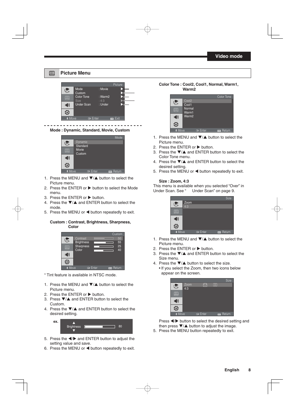 Picture menu, Video mode | Sanyo VMC-L2019 User Manual | Page 9 / 112