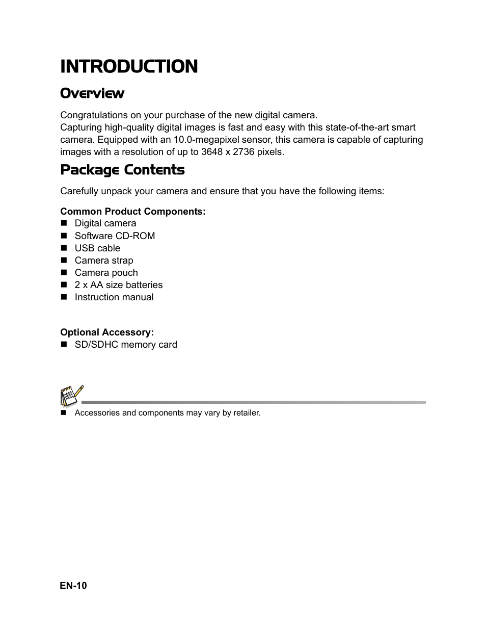 Introduction, Overview, Package contents | Sanyo VPC-S1080 User Manual | Page 11 / 42