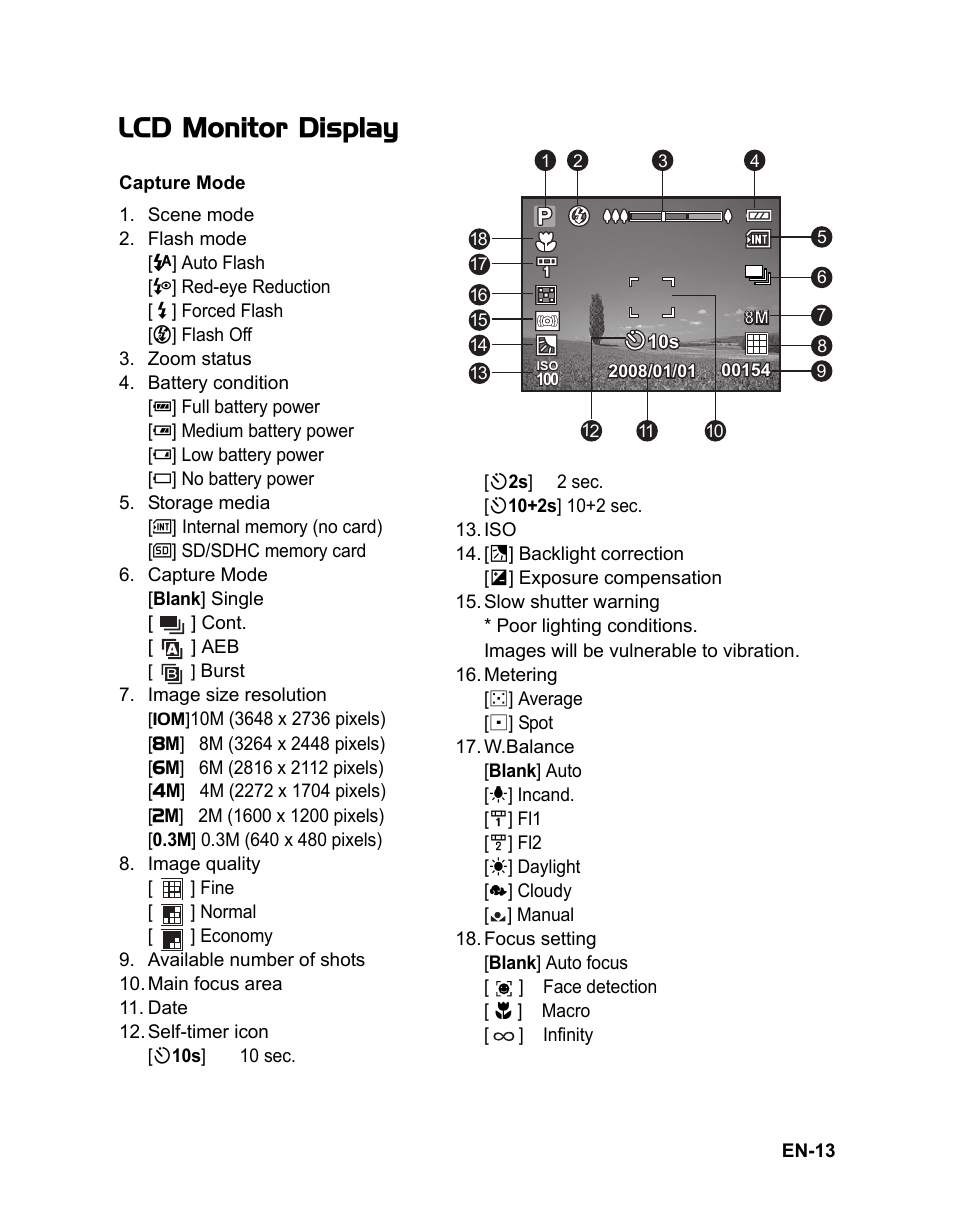 Lcd monitor display | Sanyo VPC-S1080 User Manual | Page 14 / 42