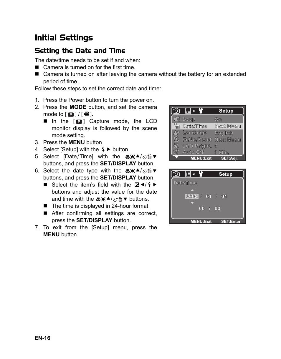 Initial settings, Setting the date and time | Sanyo VPC-S1080 User Manual | Page 17 / 42