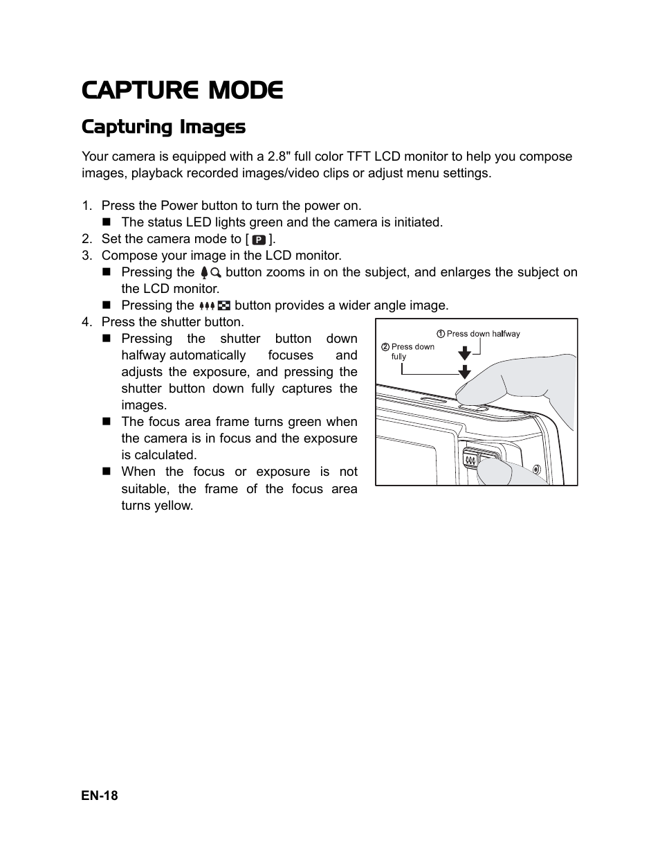 Capture mode, Capturing images | Sanyo VPC-S1080 User Manual | Page 19 / 42