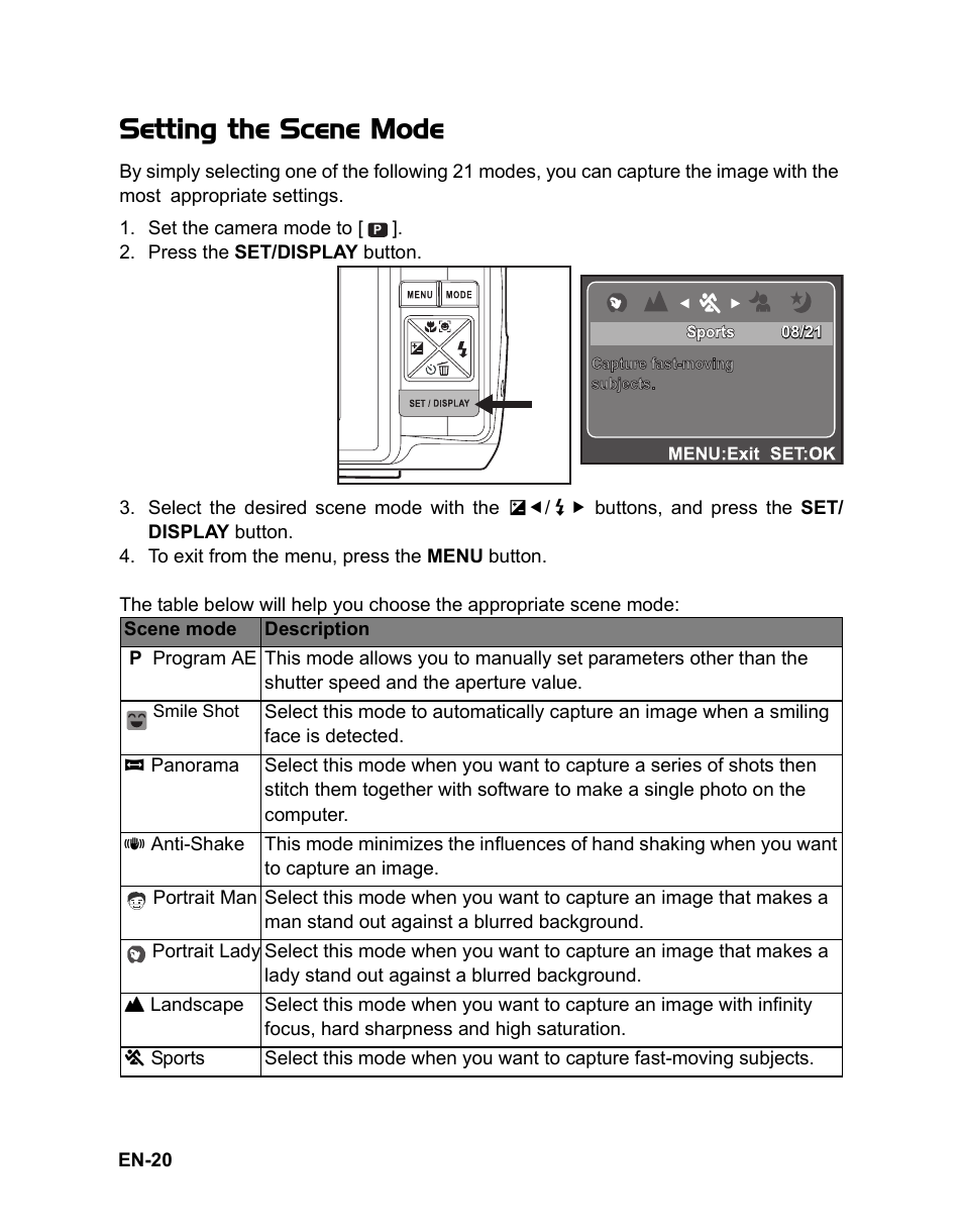 Setting the scene mode | Sanyo VPC-S1080 User Manual | Page 21 / 42