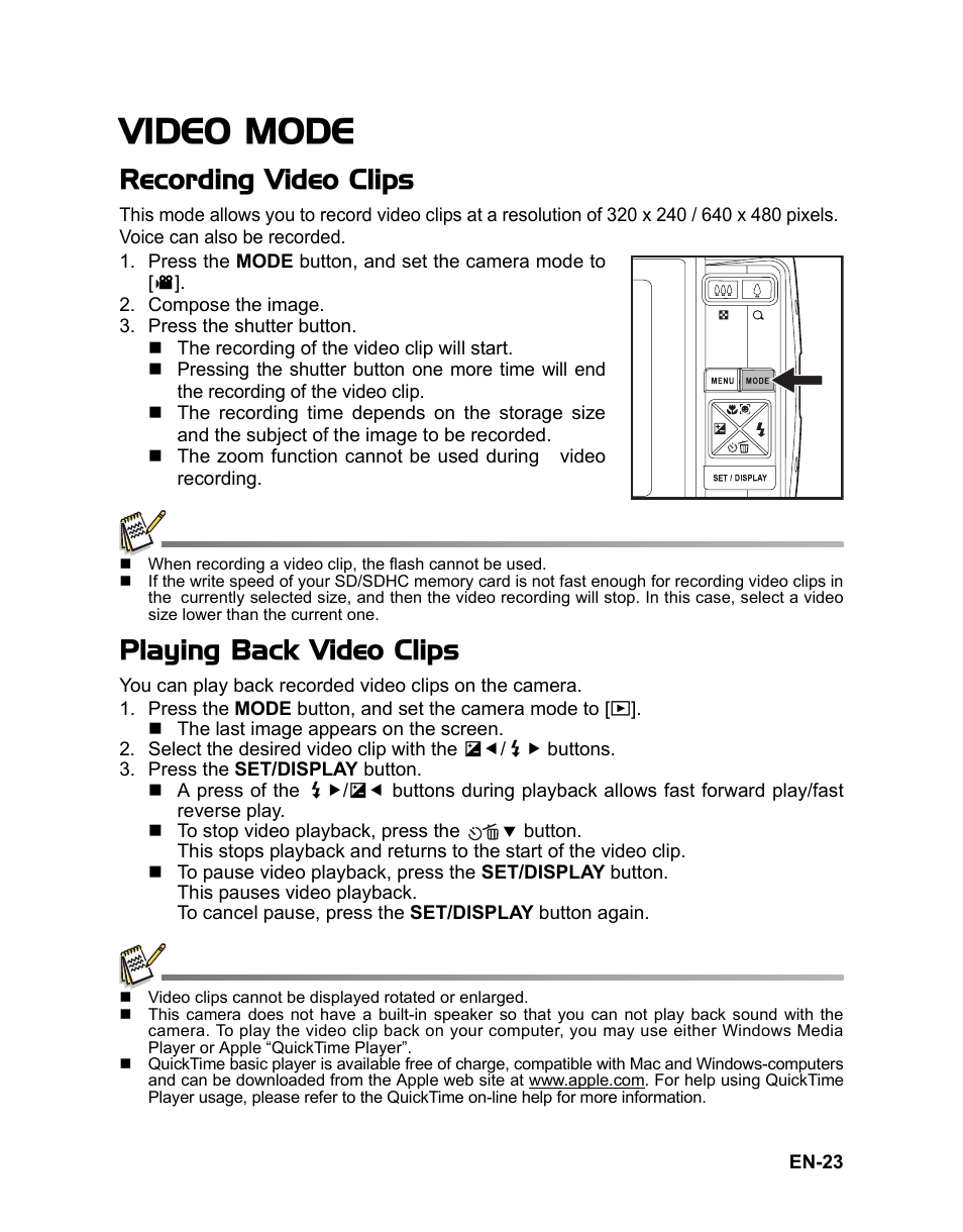 Video mode, Recording video clips, Playing back video clips | Sanyo VPC-S1080 User Manual | Page 24 / 42