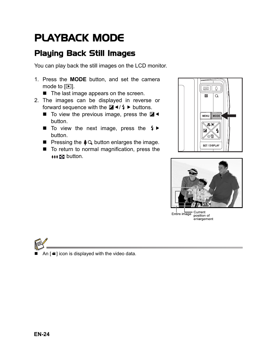 Playback mode, Playing back still images | Sanyo VPC-S1080 User Manual | Page 25 / 42