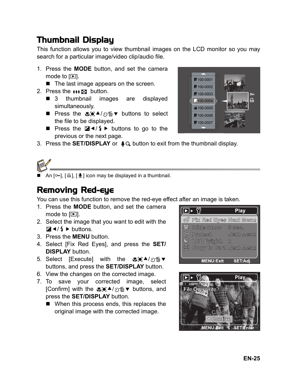 Thumbnail display, Removing red-eye | Sanyo VPC-S1080 User Manual | Page 26 / 42