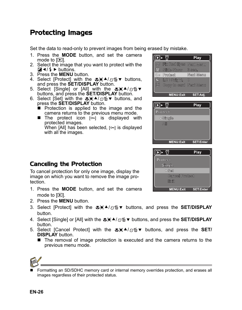 Protecting images, Canceling the protection | Sanyo VPC-S1080 User Manual | Page 27 / 42