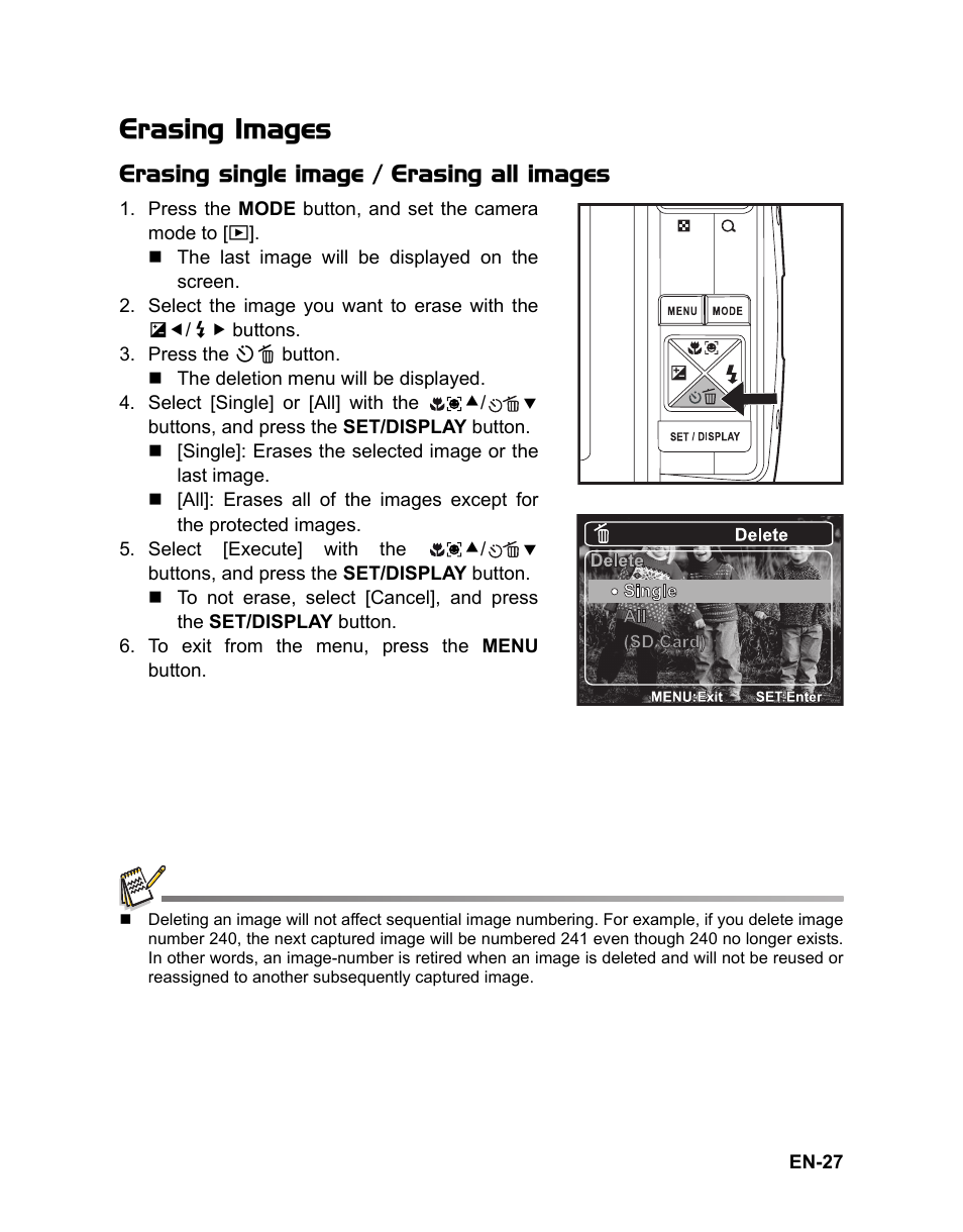 Erasing images, Erasing single image / erasing all images | Sanyo VPC-S1080 User Manual | Page 28 / 42