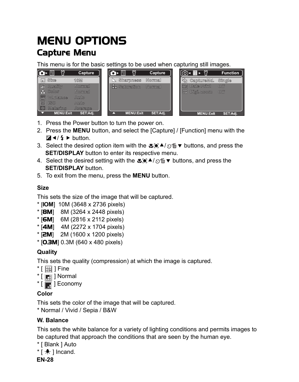 Menu options, Capture menu | Sanyo VPC-S1080 User Manual | Page 29 / 42