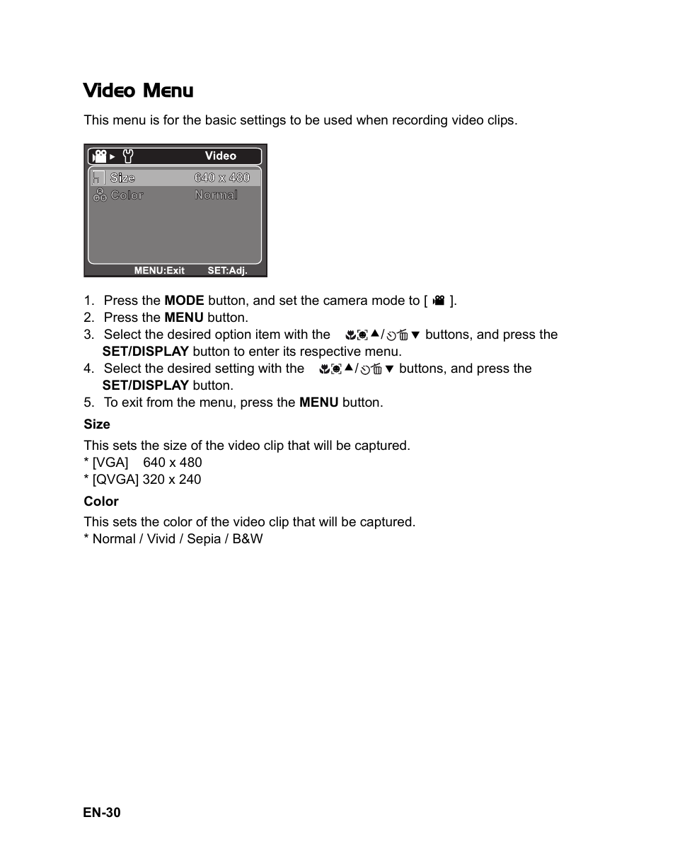 Video menu | Sanyo VPC-S1080 User Manual | Page 31 / 42