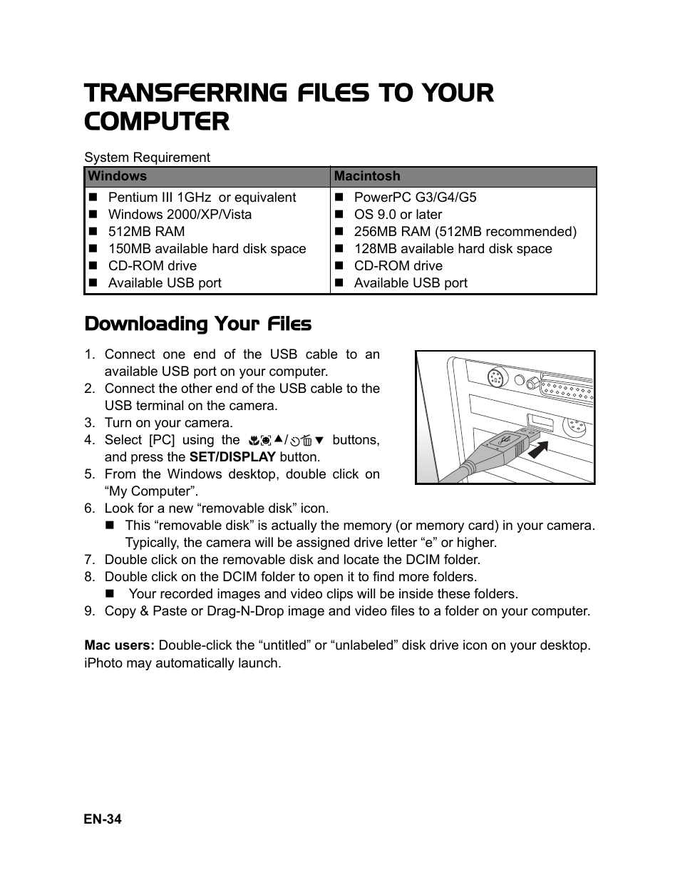 Transferring files to your computer, Downloading your files | Sanyo VPC-S1080 User Manual | Page 35 / 42