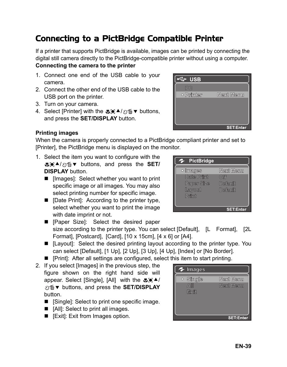 Connecting to a pictbridge compatible printer | Sanyo VPC-S1080 User Manual | Page 40 / 42