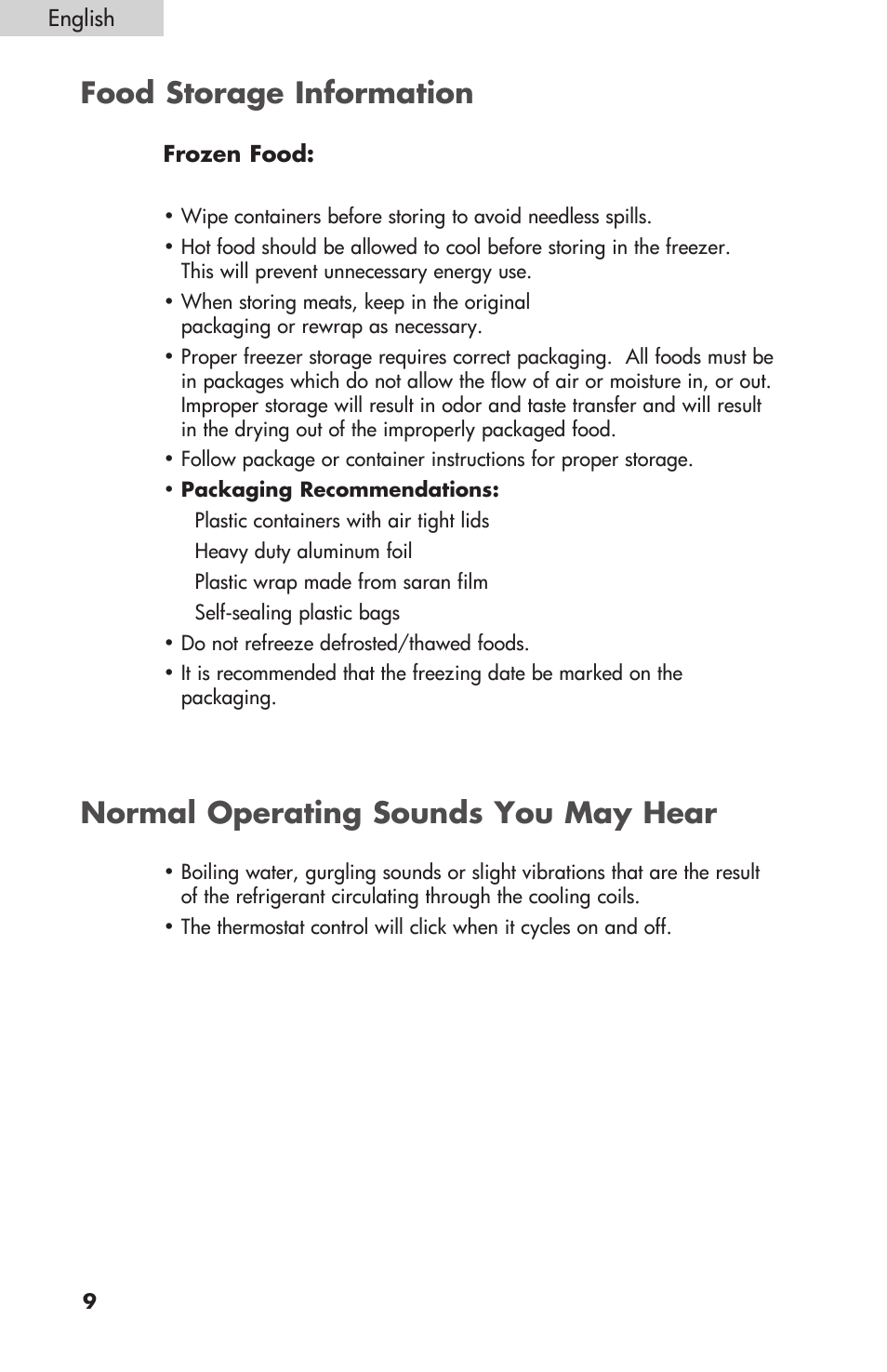 Food storage information, Normal operating sounds you may hear | Sanyo HF-710 User Manual | Page 10 / 14