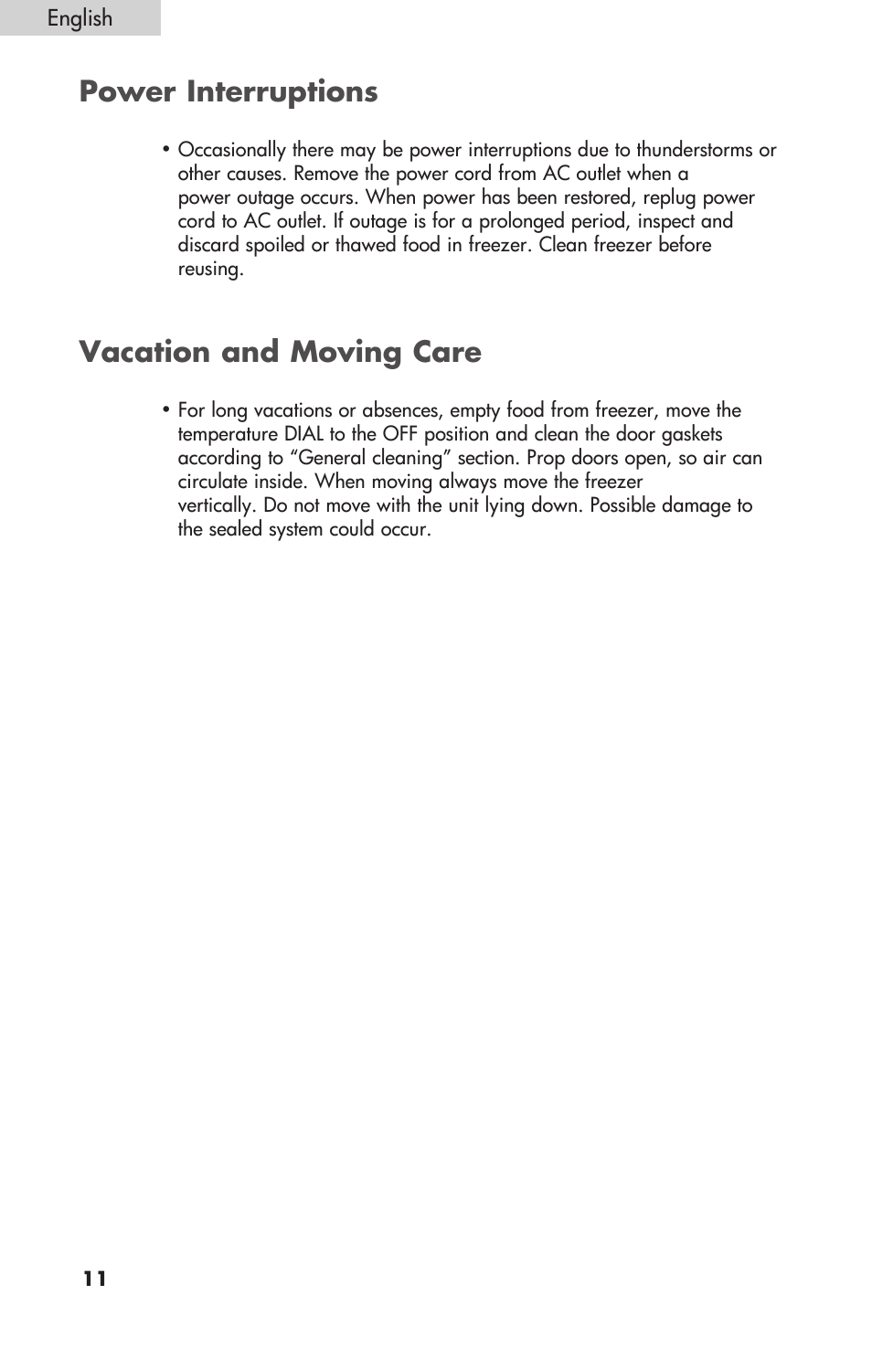 Power interruptions, Vacation and moving care | Sanyo HF-710 User Manual | Page 12 / 14