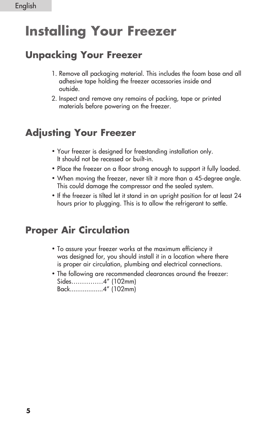 Installing your freezer, Unpacking your freezer, Adjusting your freezer | Proper air circulation | Sanyo HF-710 User Manual | Page 6 / 14