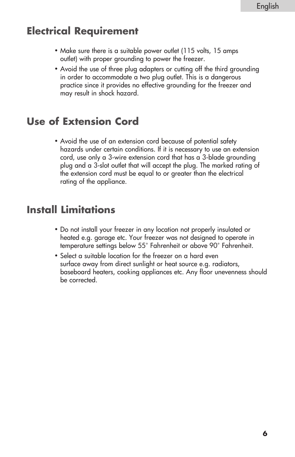 Electrical requirement, Use of extension cord, Install limitations | Sanyo HF-710 User Manual | Page 7 / 14