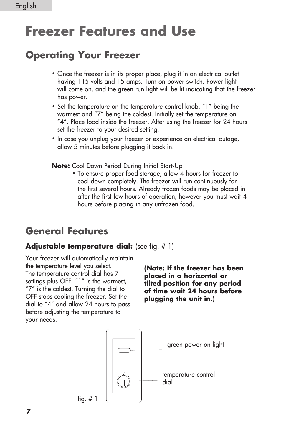Freezer features and use, Operating your freezer, General features | English, Adjustable temperature dial: (see fig. # 1) | Sanyo HF-710 User Manual | Page 8 / 14