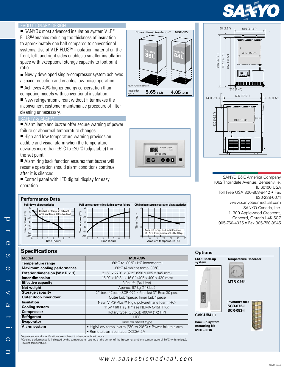 Mdf-c8v, Mdf-u7386s, Specifications | Features, Sanyo’s most advanced insulation system v.i.p, Performance data options, Dimensions, Options, Performance data, More advanced insulation system: v.i.p. plus | Sanyo MDF-C8V User Manual | Page 2 / 2